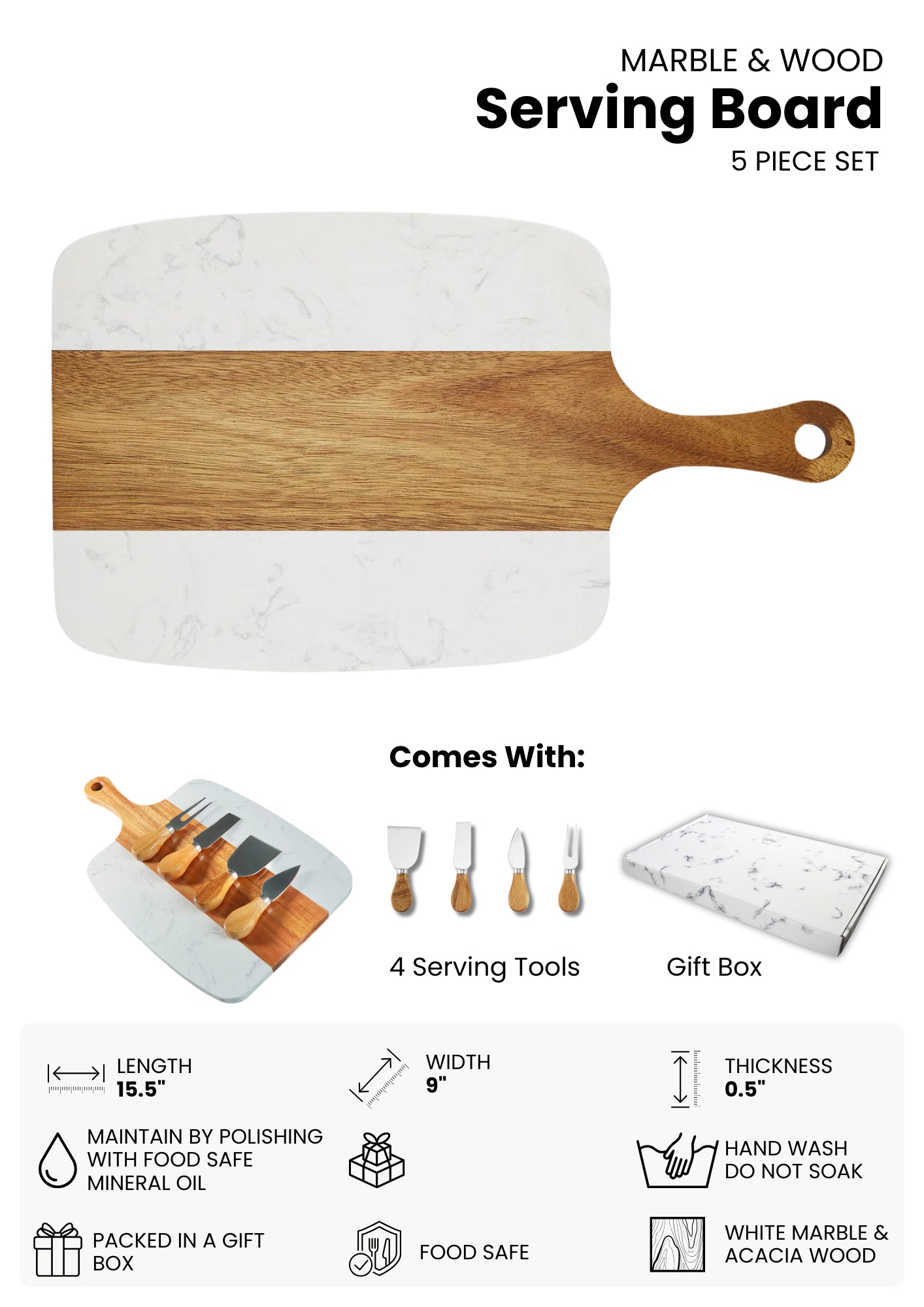 Elegant Marble and Acacia Wood Charcuterie Board Set
