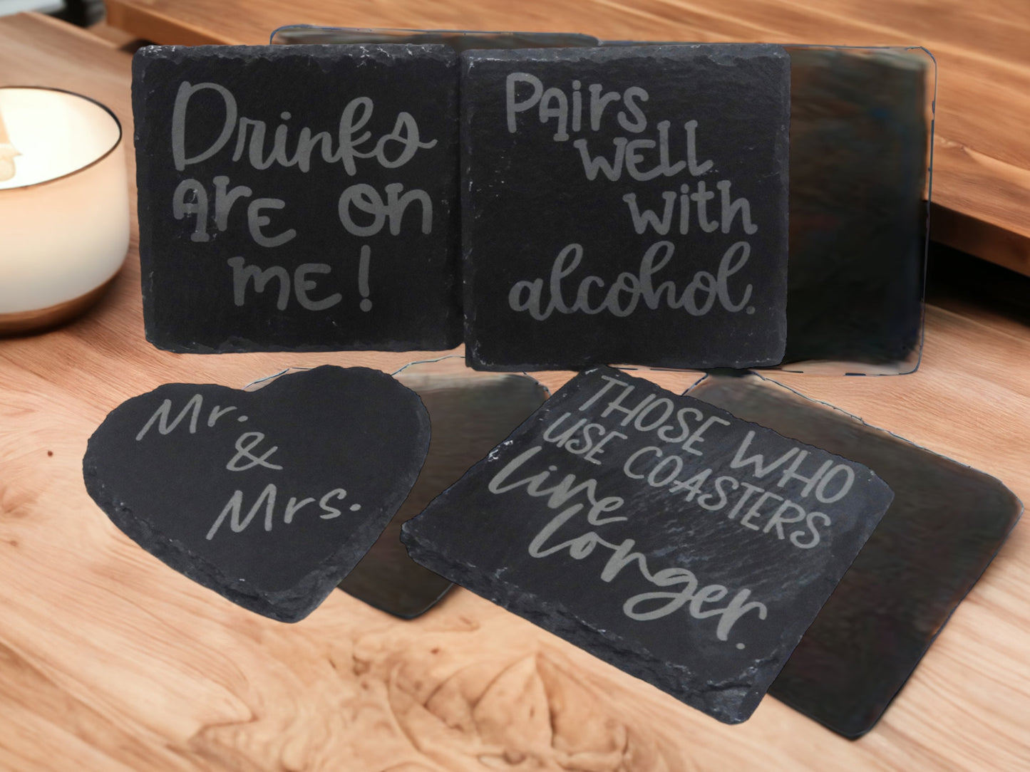 Quirky Slate Coasters - Laser Engraved Alcohol Quotes (Set of 4)