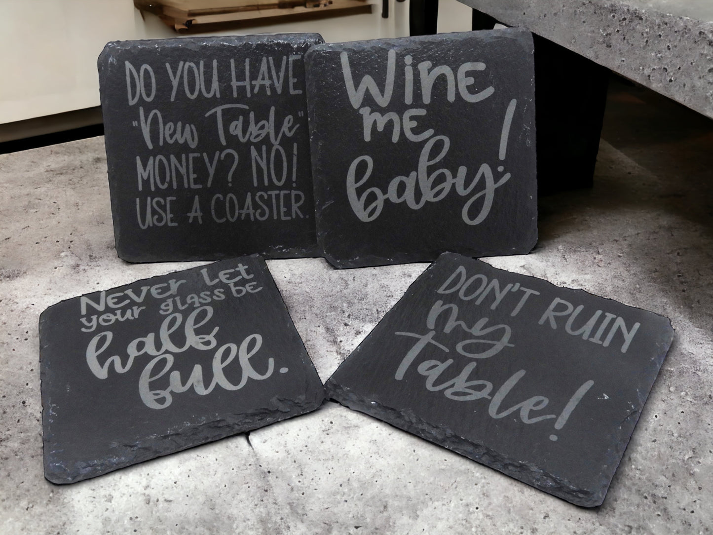 Quirky Slate Coasters - Laser Engraved Alcohol Quotes (Set of 4)