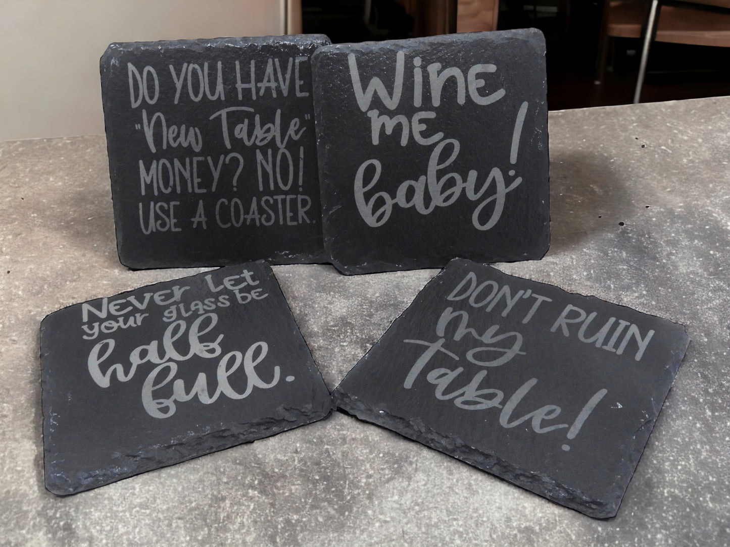 Quirky Slate Coasters - Laser Engraved Alcohol Quotes (Set of 4)